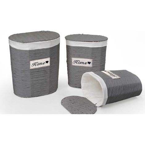 SET 3 CESTE OVALI PORTABIANCHERIA HOME 54/49/44 IN COLORE GRIGIO E BIANCO (1/2)