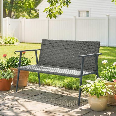 Panchina da giardino a 2 posti in resina intrecciata e acciaio, con braccioli, schienali e gambe regolabili, 110x58x78 cm, grigia.