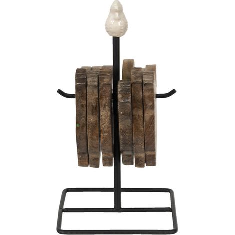 Lot de 6 Dessous de Verre en Bois Marron avec Support Métal Motif Poule 11 x 11 x 22 cm - PANGIVO (1/4)