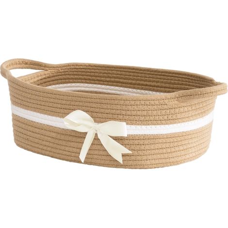 Petit panier en corde tressée (30 x 20 x 12 cm) pour cadeaux ou décoration, adapté au rangement de serviettes, jouets et couches doté de poignées intégrées et d'un nœud décoratif. (1/5)