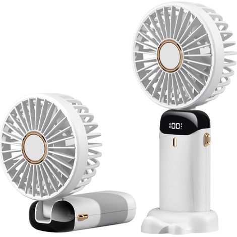 Mini ventilateur de bureau pliable, rechargeable par USB avec 5 vitesses, mini ventilateur à piles avec écran LED pour la maison, le bureau, les voyages (blanc)