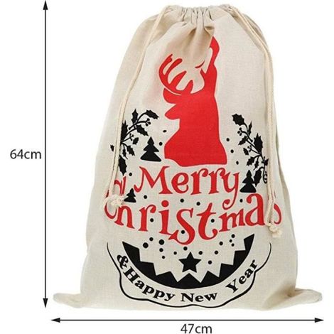 Sac de Noël - Père Noël - Motif Renne - Rouge et Noir - Toile de Jute Synthétique - XXL 64x47cm (1/4)