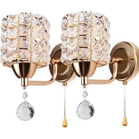 2x Moderne Applique Murale en Cristal avec Interrupteur à Tirette, D'or Lampe Murale Chambre à Coucher, allée, prise E14 (Sans Ampoule Incluse) (1/5)