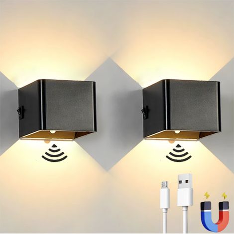 Lot de 2 appliques murales LED rechargeables avec détecteur de mouvement, lampe murale magnétique sans fil, 2 modes d'éclairage, noire (1/5)