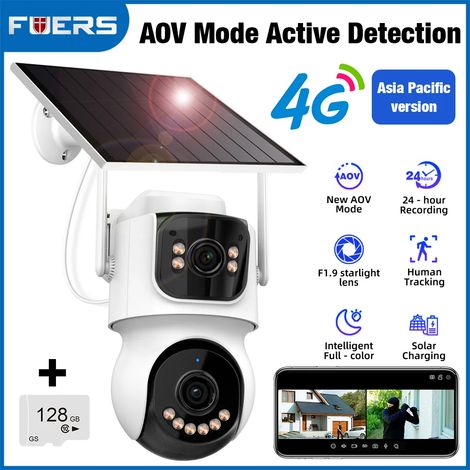 Caméra double objectif 4G WIFI AOV, 4 MP, alimentée à l'énergie solaire, double écran, enregistrement vidéo automatique avec suivi. (1/5)