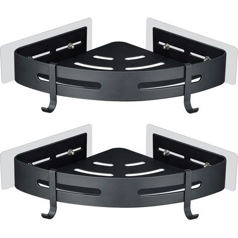 Eckduschablage ohne Bohren – Eckbadezimmerablage ohne Bohren – Badezimmerregal zur Wandmontage, Aluminium, selbstklebend, 2-teilig, schwarzer Badezimmer-Organizer (1/5)