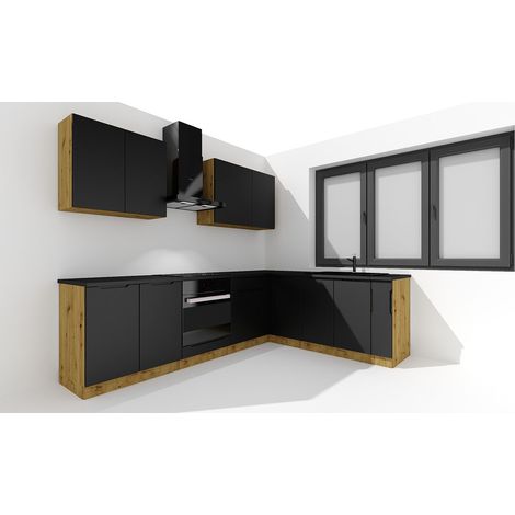 Pegane – Cuisine complète d'angle 9 éléments – Longueur 200/260 cm – Façades noir, chêne artisan – Panneau de particules 16mm (1/5)