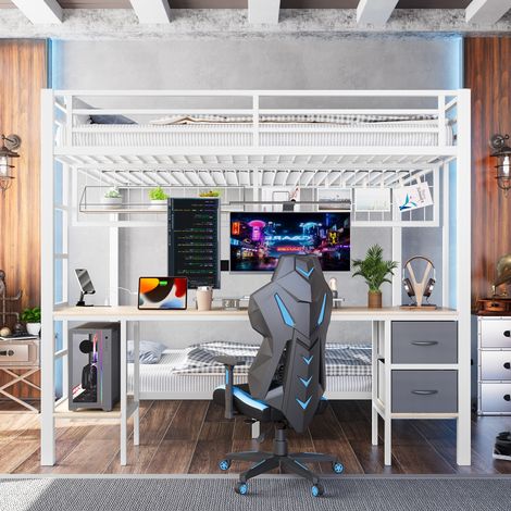 Lit mezzanine 140x200 avec bureau et led 7 couleurs - métal et mdf - tiroirs et étagères - panneau grillagé - blanc (1/5)