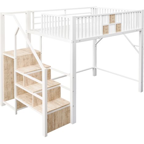 Cama alta de metal 140 x 200 cm blanca con armario, cajón y escalera de almacenaje (1/5)