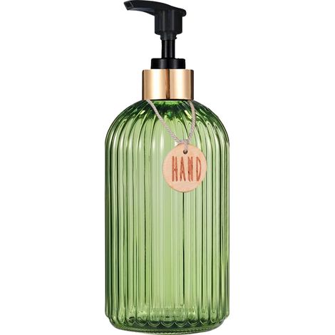 Distributeur de savon vert pour la cuisine (flacon de 500 ml), idéal pour une nouvelle maison. Flacons de savon en plastique pour les mains et la vaisselle avec étiquette en bois. Indispensables pour  (1/5)