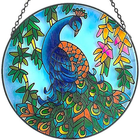 Pendentif Miroir Vitraux Paon - Décoration Murale et Fenêtre Ronde avec Chaîne Métallique - Artisanal Main - Pour Jardin Intérieur Extérieur - 1 Pièce (1/5)