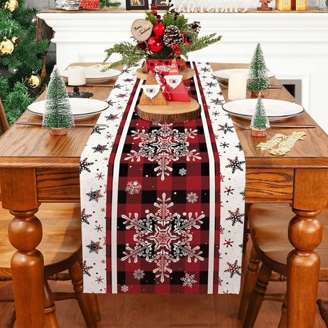 Chemin de Table Noël, Deco Table Noel Flocons de Neige Chemin de Table Rouge en Lin 180 cm x 34 cm de Long, Moderne Nappe et Chemin de Table de Noël Decoration Table Noel (1/5)
