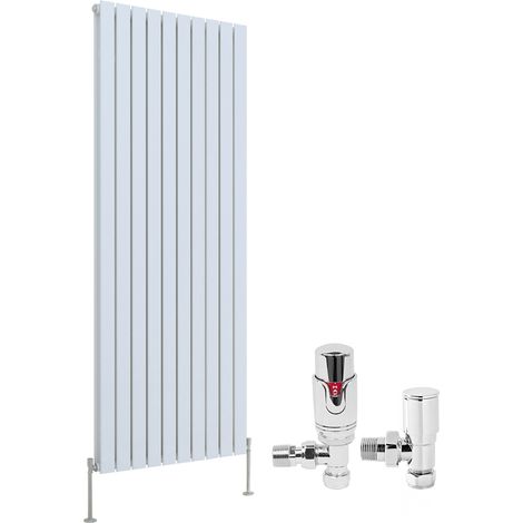 White Designer Flat Panel Radiator + Thermostatic TRV Radiator Valves Chrome Angled Vertical 1800x680mm Double