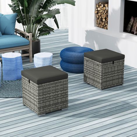 Set di 2 sgabelli in rattan, pouf contenitore effetto rattan, con cuscini e coperchi, portata massima 120 kg, dimensioni 40x40x41 cm, colore grigio scuro.