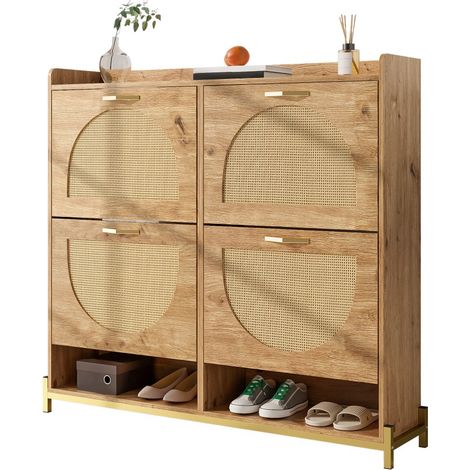 Meuble à chaussures élégant en bois et rotin-4 portes-cadre métal-étagère supérieure-108,50 x 24 x 100cm (1/5)