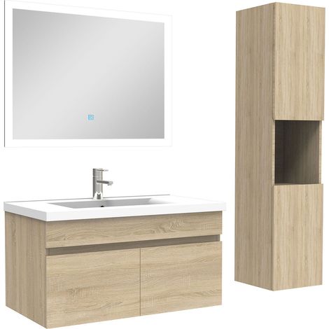 Ocean Ensemble meuble Salle de Bain 80cm avec vasque + colonne + miroir lumineux dimmable chêne wotan (1/5)