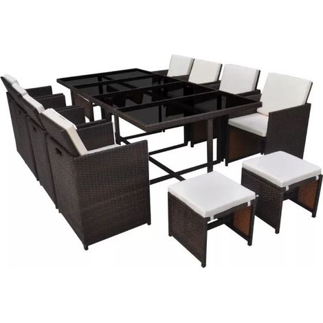 Table rectangulaire et 8 chaises de jardin résine tressée marron Iris (1/5)