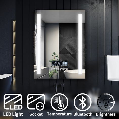 ELEGANT Clock Temperature Display Mirror Round Backlit Illuminated Bathroom Mirror 600x800mm Bathroom Mirror with and Shaver Socket (1/5)