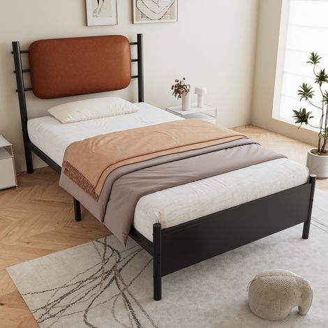 Metal bed, 3FT single bed 90x190cm, With a PU-upholstered headboard, Durable and Sturdy, Youth bed, for adults & teenagers, Wrought iron bed, Black Iron+PU