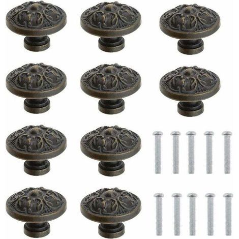 Set mit 10 runden Vintage-Schubladenknöpfen für Schränke, Kommoden, Sideboards und Möbeltüren, inklusive Schrauben, Antikbronze, 29 x 21 mm (1/4)