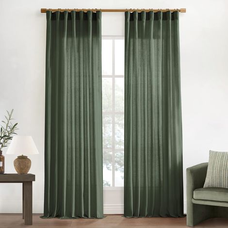 Lot de 2 Panneaux de Rideaux Semi-Transparents en Lin Transparent Vert Olive de 259,1 cm de Long, avec Crochet et Languette arrière plissée, filtrant la lumière, pour Salon, Chambre à Coucher (1/5)