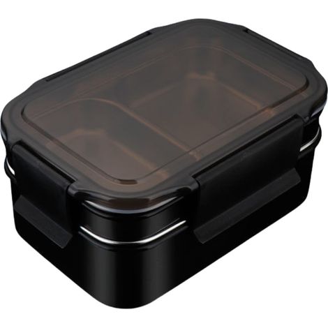 Doppelstöckige Bento-Lunchbox – Edelstahl 304 – Schwarze, rechteckige Isolierbox – Ideal für Schüler und Berufstätige – 1 Stück (1/5)