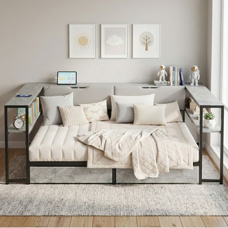 Polsterbett 140x200 cm MDF+Metall Grau mit Leinenbezug, USB/Type-C, 2 Schubladen und Lattenrost (1/5)