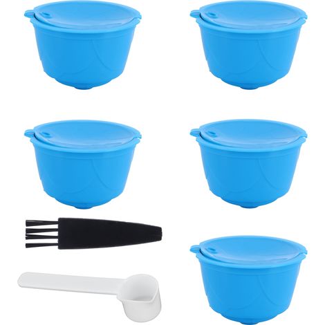Kit de dosettes café réutilisables en PP+acier inox 304 compatibles DOLCE GUSTO, bleu, 5 dosettes 1 cuillère 1 brosse, 5,2x3,5 cm (1/5)