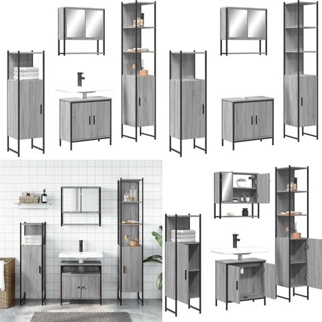 4-tlg. Badmöbel-Set Grau Sonoma Holzwerkstoff - Spiegelschrank - Waschbeckenunterstuhl