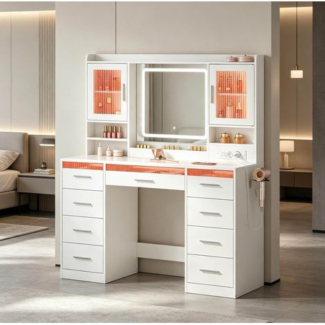 Coiffeuse 110x40x140 cm blanche en bois d’ingénierie et verre avec miroir LED, éclairage RGB et nombreux rangements (1/5)