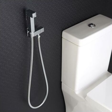 Ensemble complet de douchette de toilette en laiton, argent, vanne d'angle en cuivre + pistolet en zinc + tuyau de douche 1,5 m (1/4)