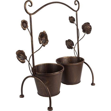 Porte-plante en Fer Marron pour 2 Pots de Fleurs, Support Intérieur Style Rural, 40x20x47 cm - PANGIVO (1/2)