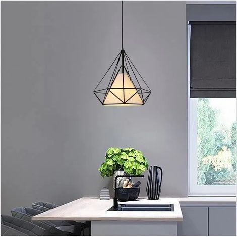 Lustre Suspension Industrielle en Diamant Cage Noir Lampe Suspension Vintage avec Abat-jour pour Salon Chambre (1/4)
