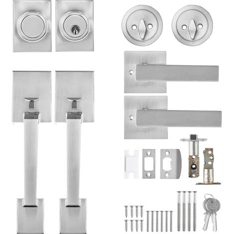 Ensemble Poignée de Porte Double avec Verrou Réversible, Levier Carré en Nickel Satiné, Poignée Entrée Robuste avec Poignée Factice, pour Porte d'Entrée ou Bureau (1/5)