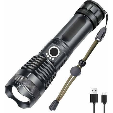 Wiederaufladbare LED-Taschenlampe mit USB-Anschluss, extra leistungsstark mit 1000 Lumen (XHP50), 5 Leuchtmodi, wasserdicht nach IP65, Militärzoom, für Camping und Wandern (18650-Akku im Lieferumfang (1/5)