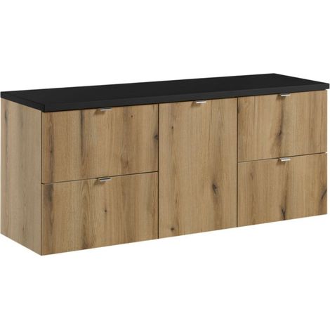 Set bagno VANO effetto quercia e nero 140cm: mobiletto sottolavabo con cassetti e cesto per la biancheria + piano per lavabo