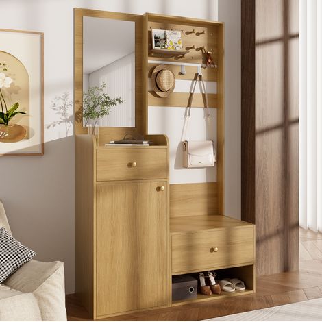 Guardaroba compatto con specchio, 105 x 38 x 180 cm, 2 cassetti, effetto legno HAVRYA (1/5)