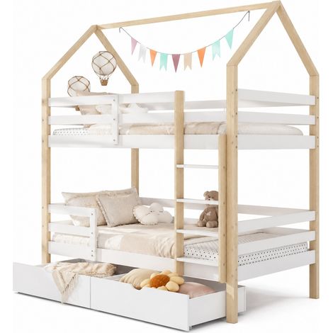 Lit cabane superposé enfant 90 x 200 cm avec grands tiroirs de rangement, bois de pin, sans matelas, blanc et bois clair, sécurité renforcée – CHICFURN (1/5)