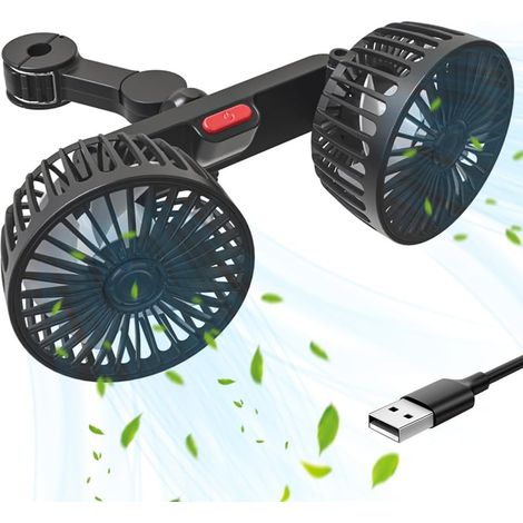 5V Dual Head Car Fan for Rear Passenger Seat, Portable USB Fan with 3 Speeds and 360° Rotation, Electric Car Fan for SUVs and RVs