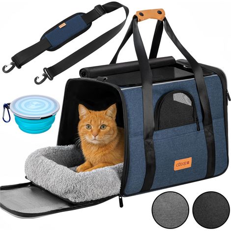 CADOCA® Sac de transport pour chat chien max. 20kg pliable avec bandoulière caisse de transport chat respirant avec gamelle-Bleu