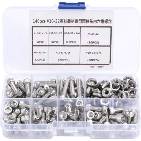 Kit d'assortiment de 140 vis à tête hexagonale creuse en acier inoxydable n° 10-32 (1/5)