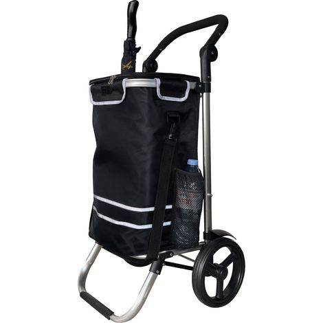 Faltbarer Aluminium Einkaufstrolley 57L (48L + 9L Kühlfach) Schwarz, 30kg Traglast, 35x45x98cm, EVA Leichtlaufräder Ø20,5cm, Klappbar, Als Sackkarre & Umhängetasche nutzbar, Einkaufswagen Haken (1/5)