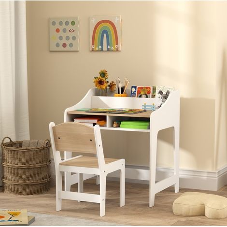 Set scrivania per bambini con sedia e vano portaoggetti, legno naturale, 3-8 anni (1/5)