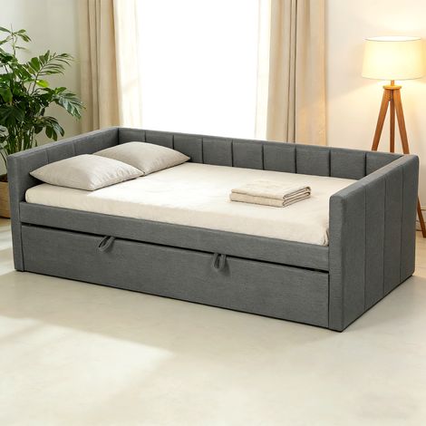 Letto Singolo con Secondo Letto Estraibile, Rivestimento in Tessuto e Braccioli, 205x181x70 cm, Grigio Scuro