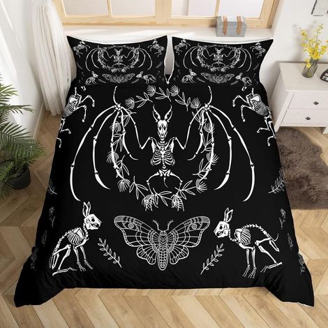 Ensemble de literie 155x220cm Crâne Gothique Sphinx Chauve-souris Squelette Halloween Noir Blanc
