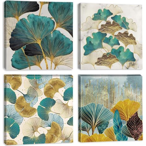Lot de 4 tableaux décoratifs feuilles Ginkgo Biloba 30x30cm sur toile tendue cadre bois prêt à poser (1/5)