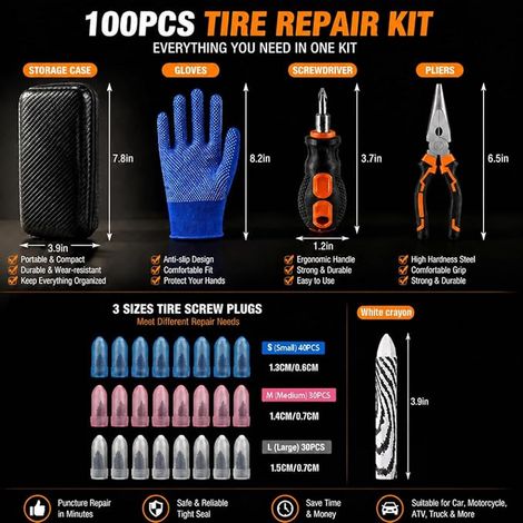 Kit di viti di riparazione per pneumatici, tre dimensioni di micce filettate per la riparazione del battistrada per auto, camion, moto, SUV, utensili inclusi e valigetta da trasporto. (1/2)