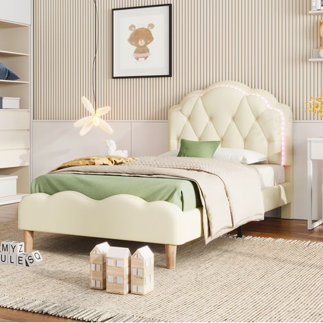 Polsterbett 90/200 cm beige aus PU mit LED-Kopfteil (1/5)