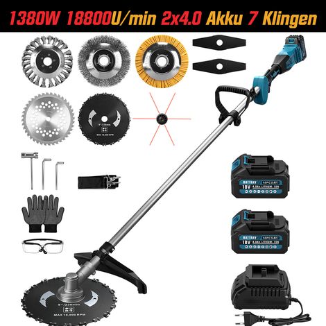 1380W Debroussailleuse à Batterie Electrique avec 2x4.0AH Batt. 18800 RPM 168cm, Coupe-Bordures Sans Fil Brushless avec 7 Types de Lames Ø250 mm Max, pour la Coupe de Jardin, Pelouse