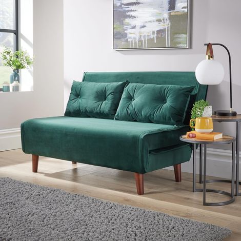 Double Sofa Bed Folding Chair Velvet Green Wooden Legs Two Pillow Home Furniture (1/5)